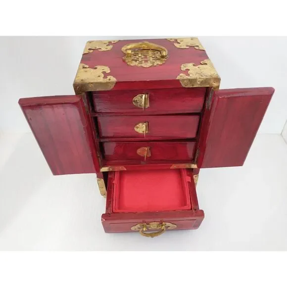 Vintage Chinese Rosewood Jewelry Box Ornate Brass Jade Inlay